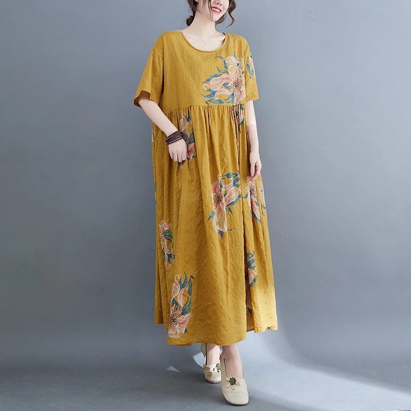 2025 New Spring Summer Women Over Size Cotton Linen Vintage Dress Print Casual Loose Long Dresses Female Robe Elegant Clothing