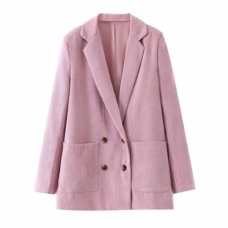 

WT230 Women's Pink Color Pockets Deco Double Breasted Corduroy Blazer Autumn Winter Middle Length Blazers Coat
