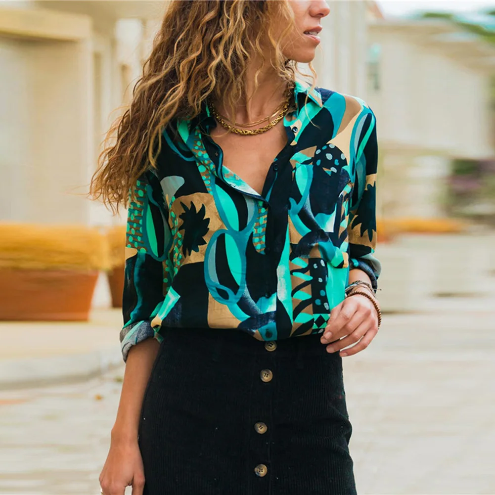 Женские блузки 2019 с цветочным принтом блузка длинным рукавом и отложным