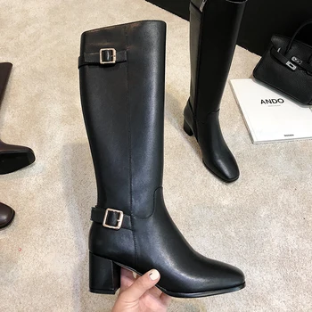 

2020 Autumn Winter Genuine Leather Shoes Woman Newest Side Zipper High Heels Knee High Boots Party Casual Shoes Woman