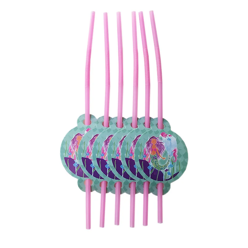 6pcs Straw Русалка Тема Счастливый ребенок душ посуда день рождения скатерть чашки тарелки колпачок для салфеток Подарочный пакет конфеты попкорн коробка набор - Цвет: 6pcs Straw