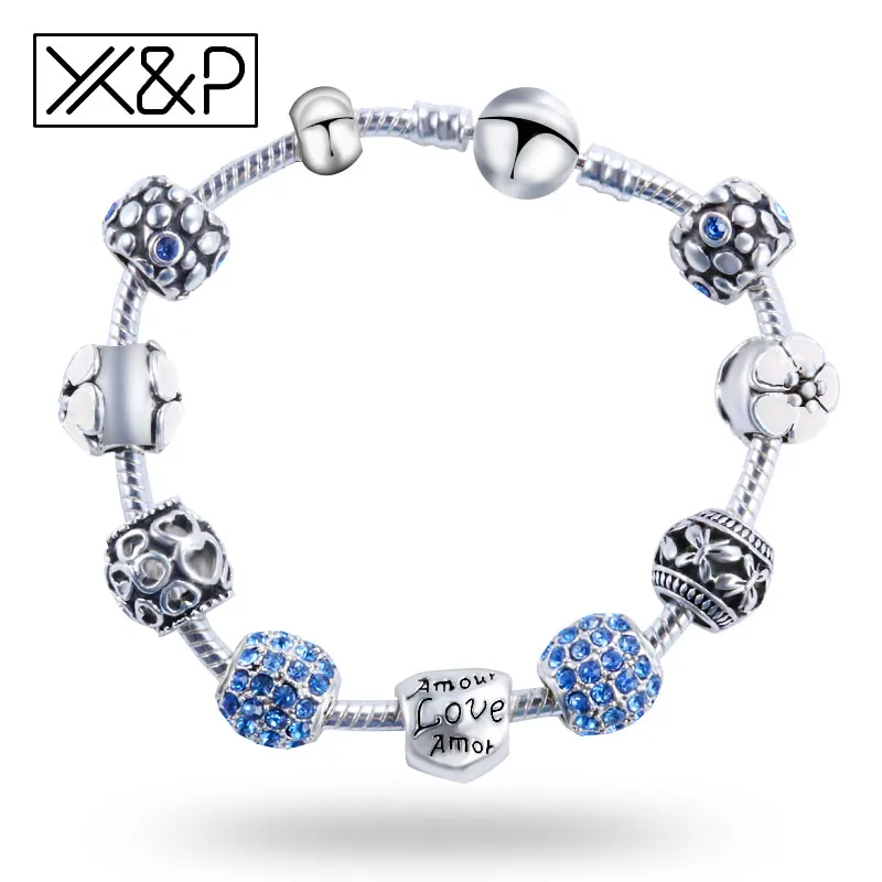 X &amp P модные античные серебряные браслеты для влюбленных с кристаллами женщин и