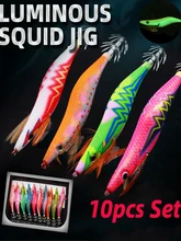 

10Pcs Hard Bait Luminous Shrimp Squid Jigs Set Squid Lure Wooden Shrimp Jigs Double Hook Cuttlefish Octopus Sea Fishing Lure Set