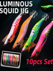 10Pcs Hard Bait Luminous Shrimp Squid Jigs Set Squid Lure Wooden Shrimp Jigs Double Hook Cuttlefish Octopus Sea Fishing Lure Set