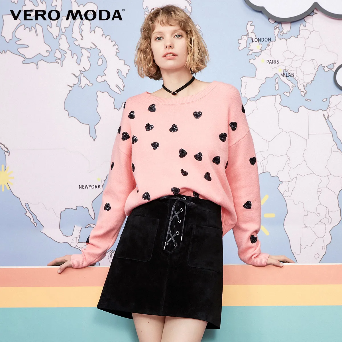 Vero Moda женский Peach Heart Paillette Drop-shoulder вязаный свитер | 319313562 - Цвет: Isabella pink s