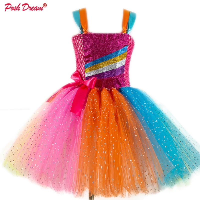 Шикарные рождественские платья-пачки с блестками и радугой для девочек; яркие праздничные платья до колена с цветочным узором для девочек; Детские платья