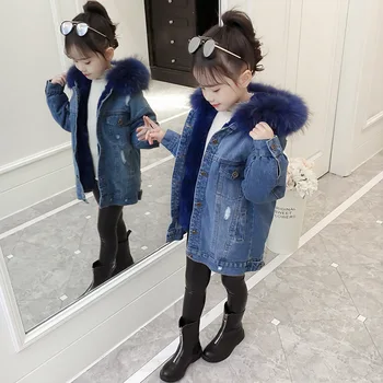 

Fur Hooded Girls Fleece Coats Clothing Kids Fashion 2020 Denim Winter Jacket For Girls Outerwear Tops Children's Clothing 4-16Y