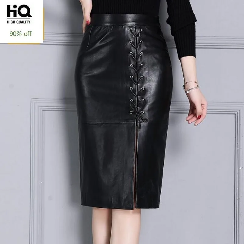 

2020 Autumn Lace Up Front Women Knee Length Skirt Designer Black Sexy Slit Wrap Skirt High Waist Real Leather Skirt for Women