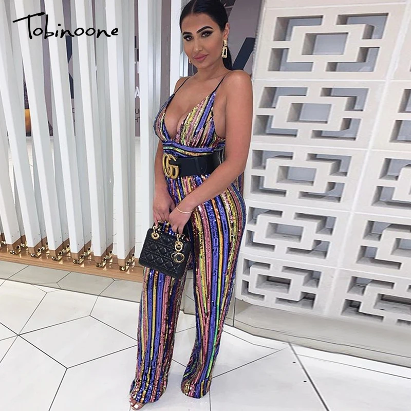 

Tobinoone Autumn Women Sequin Jumpsuit Backless V Neck Bodycon Rompers Womens Jumpsuits Sexy Party NightClub Wear Overalls
