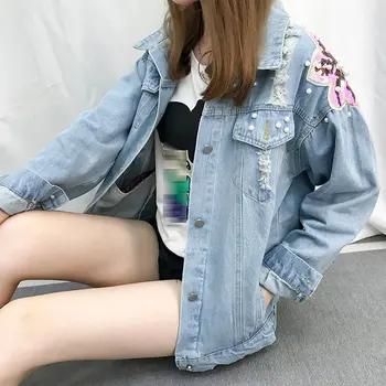 

Women Bat Sleeve Beading Loose Casual Denim Jacket Female Fashion New Boyfrieds Outwear 2020 Autumn Streetwear Jean Coat