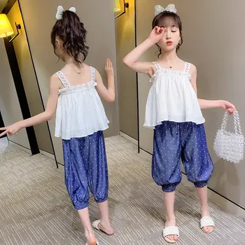 

Girl Set Toddler Kids Baby Girls Clothes New Summer Strap Tops + Polka Dot Pants Outfits Set 4-13Y Children Teenager Clothes Set
