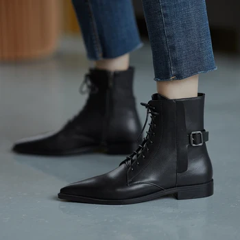 

100% cow leather low heels Heels Women's Boots lace up poined Toe ladies ankle boots Autumn Party Casual Basic Shoes Woman