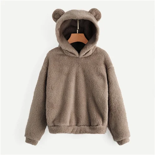 Brown SHEIN Однотонный Свитшот С Капюшоном Модная Толстовка Тедди С Длинным Рукавом - Цвет: Brown
