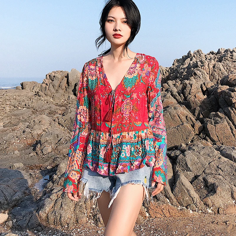 Boho шикарная летняя винтажная Цветочная блузка с заплаткой для женщин 2019 мода