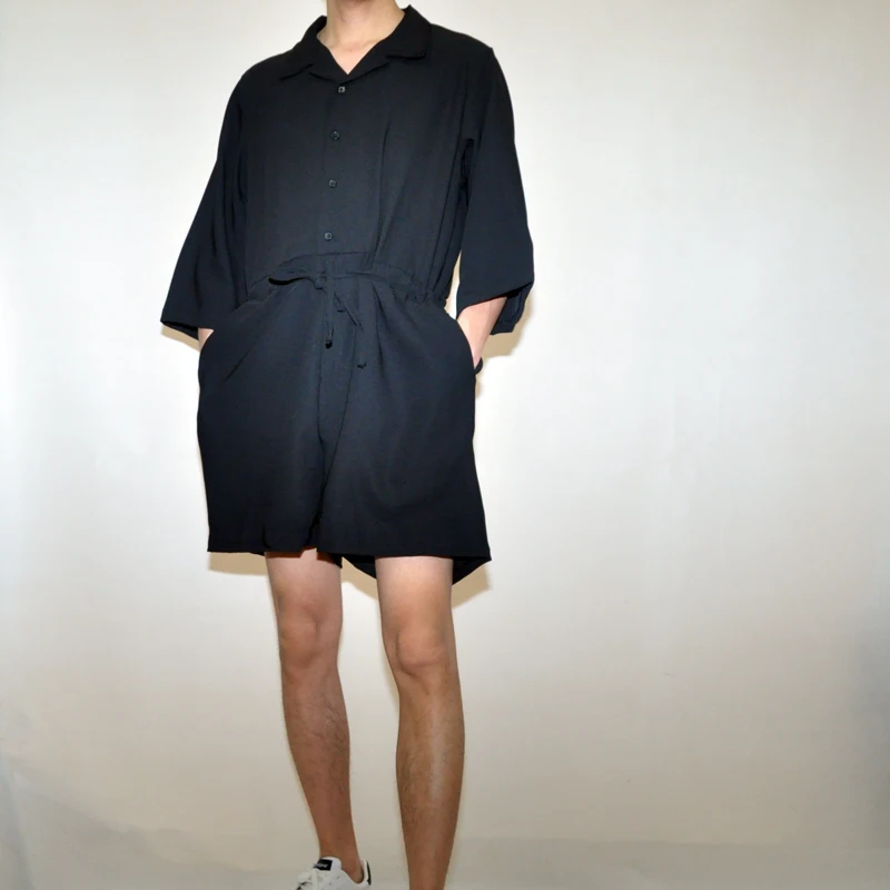 

Men's spring and summer new Korean version men's loose large size lapel seven-point sleeve jumpsuit pull rope clothing