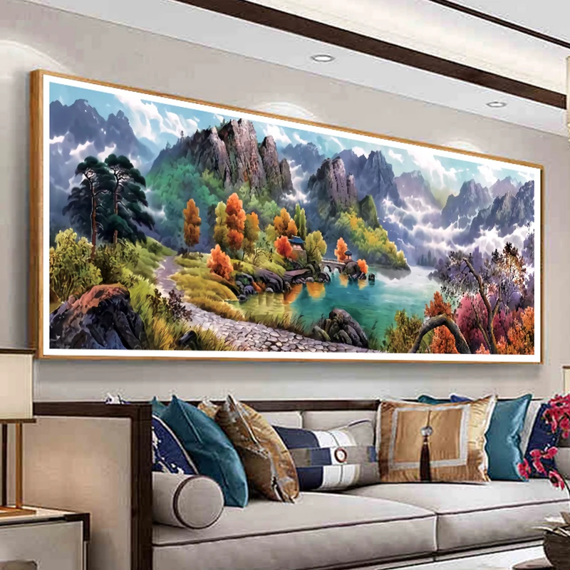 

Ink landscape painting Cross stitch kits Embroidery Needlework Sets Water Soluble Canvas Patterns 11CT Cornucopia Home Decor