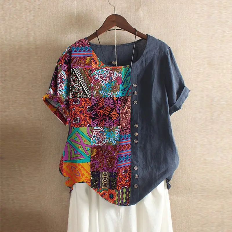 

Casual Printed Tops Women's Patchwork Blouse 2019 Vintage Summer Short Sleeve Tee Shirts Female O Neck Blusas Plus Size Tunic
