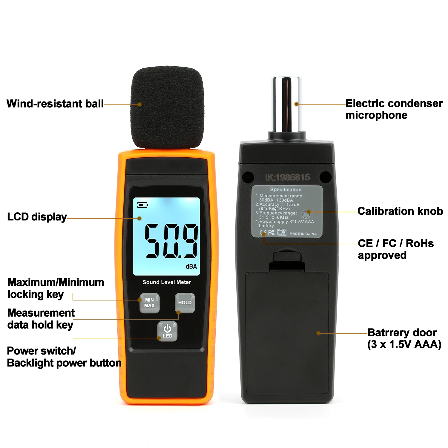 XinJiaYi Dezibel Compteur de mesure portable DB (sonomètre numérique),  compteur de bruit numérique plage 30-130 dB(A) dB, moniteur de bruit Jaune  : : Bricolage