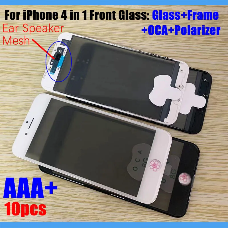 

10Pcs For Apple iPhone 6 6s 7 8 Plus 4 in 1 Front Glass OCA + Polarizer Film LCD Outer Screen Panel + Cold Press Frame Bezel