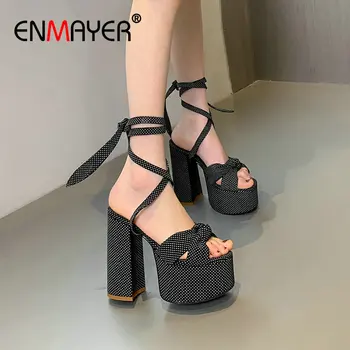 

ENMAYER Lace-Up Wedding Fashion Wedges Shoes for Women Ankle Strap Silk High Heel Sandals Super High Print Platform Sandals