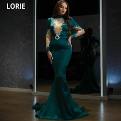 LORIE Arabic Evening Dress 2021 High Neck Beaded Long Sleeve Mermaid Prom Gown Green Dubai Satin Party Dresses suknie wieczorowe