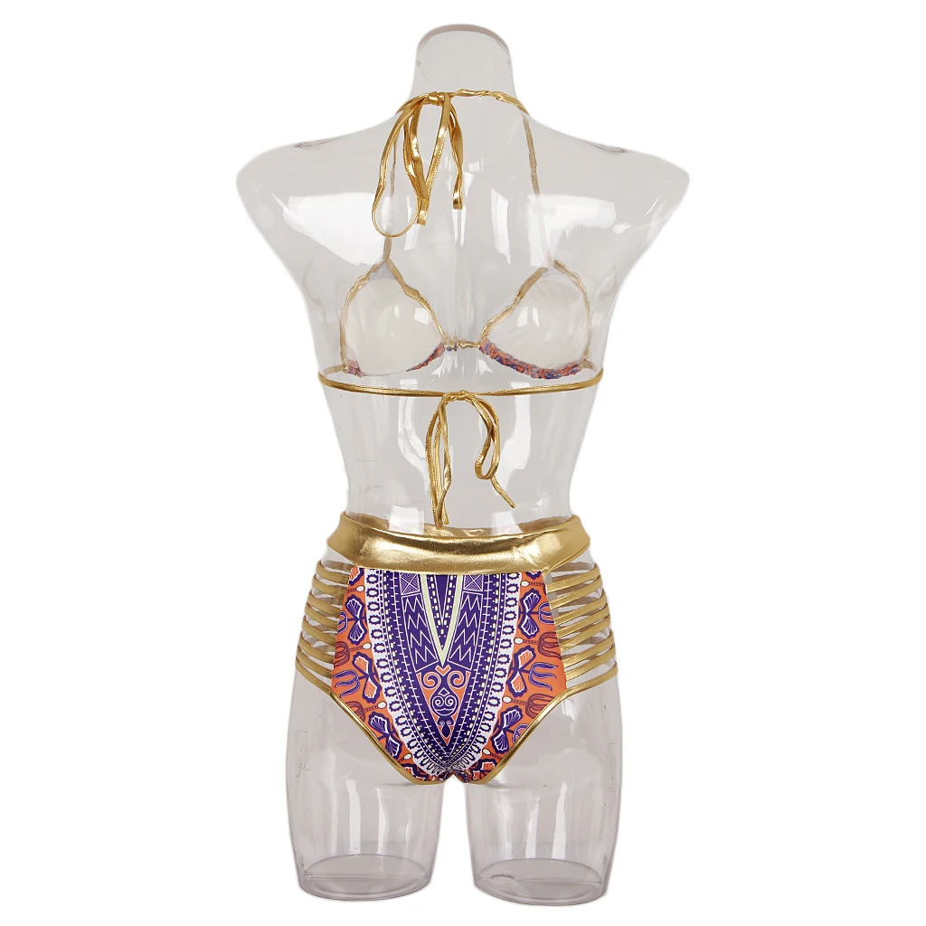 Vintage African Tribal Prints Bikini Swimsuit Bandage Swimwear Blue S Set of sexy swimsuit for women