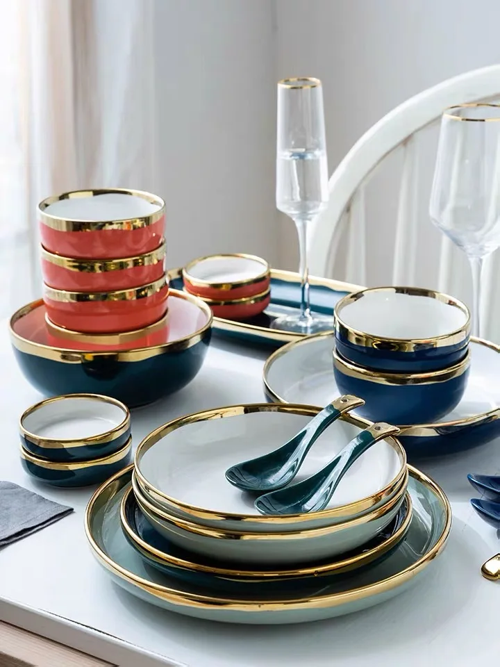 Новый элемент набор обеденных тарелок с золотым краем керамические тарелки