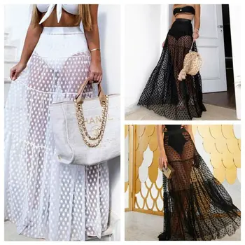 

Women Boho Maxi High Waist Sheer Skirt Retro Polka Dot Long Skirts Womens High Waisted Club See Through Party Summer Sundress