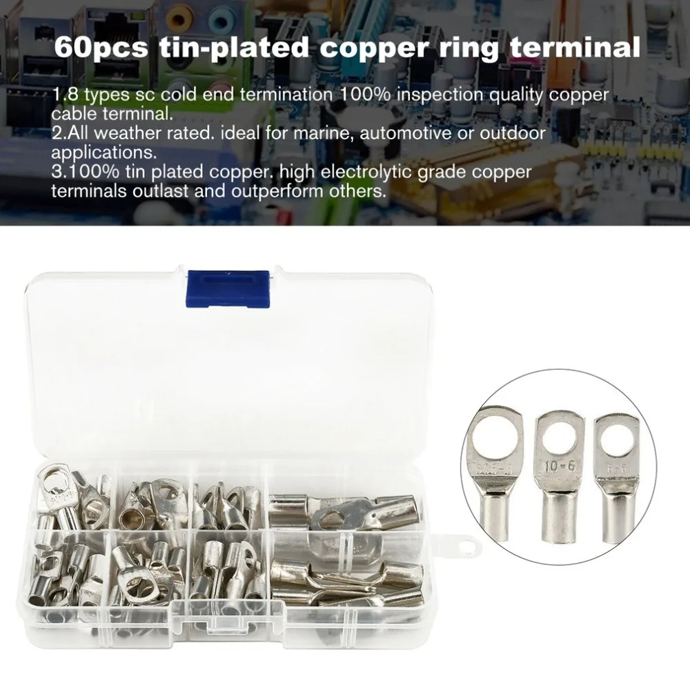 60pcs Tin Plated Copper Tube Terminals Battery Welding Cable Lug Ring Crimp Connectors Kit SC6-SC25 Copper Tube Terminals Set