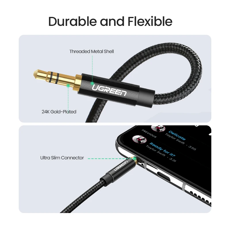 UGREEN 3.5mm Audio Cable Stereo Auxiliary AUX Cord Gold-Plated Male to Male Braided Cable for Car Home Stereos Headphone Speaker