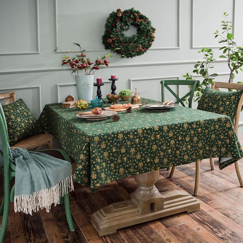  Green Gold Christmas Tree Table Cloth Cover Cotton Linen American Style Tablecloth for Festival Hom