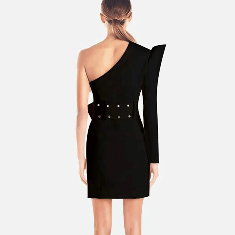 INDRESSME, новинка, женские вечерние платья, модные, на одно плечо, с длинным рукавом, облегающее мини-платье, с золотыми шипами, с пряжкой на поясе