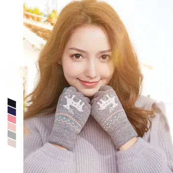 

Knitted touch screen gloves, little elk lady warm in autumn and winter, plush and thickened outdoor cycling