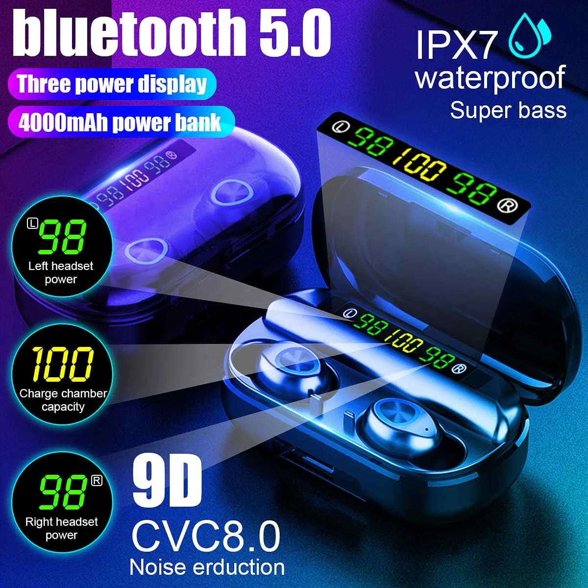 TWS 4000 мАч v5.0 bluetooth стерео беспроводные наушники водонепроницаемые наушники с 3 светодиодными дисплеями Спортивные Беспроводные гарнитуры TWS 4000 мАч v5.0 bluetooth стерео беспроводные наушники водонепроницаемые наушники с 3 светодиодными дисплеями Спортивные Беспроводные гарнитуры