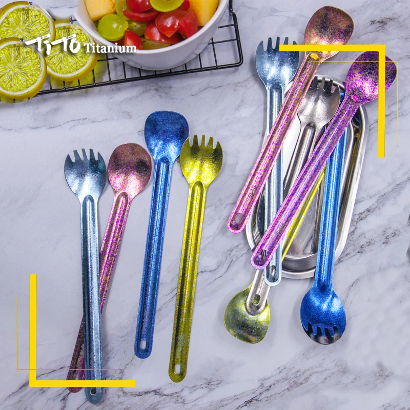 TiTo titanium Spork Longhandle наружная походная Ложка Вилка Portabale плоская посуда кемпинговая вилка ложка для спорта, туризма Титановая Ложка