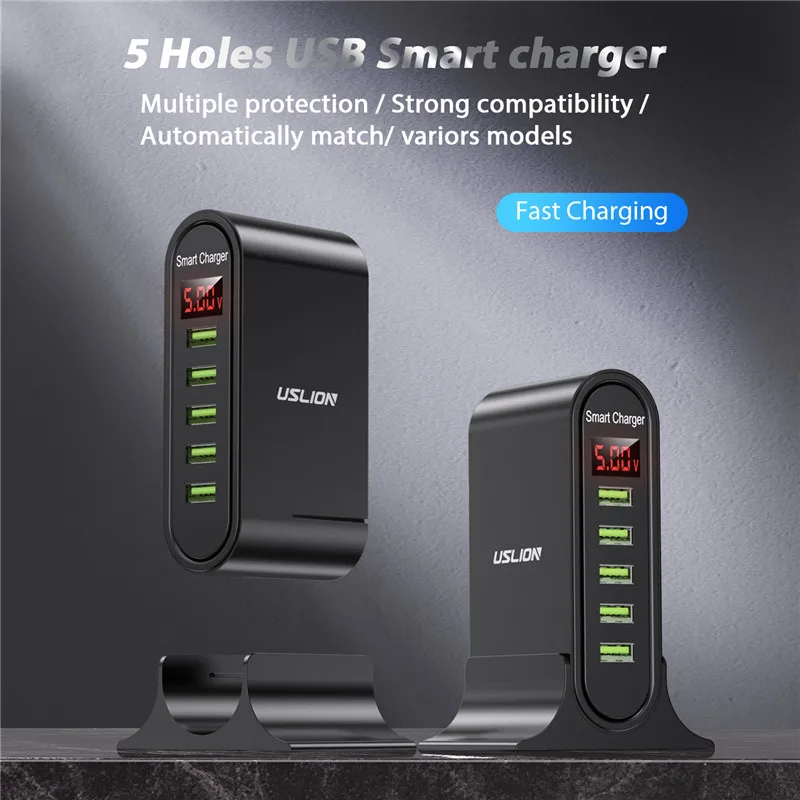USLION 5 Port Charger HUB Multi USB Charging Station Dock Desktop Wall Home LED Display Universal New Chargers EU US_voghion.com