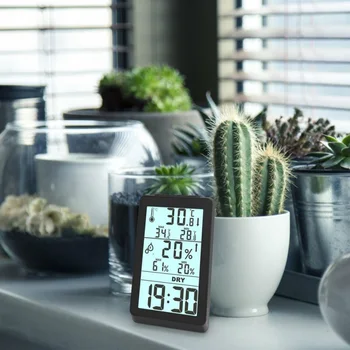 

Digital Thermometer Hygrometer Humidity Meter Temperature Monitor Time Display Battery Operated For Home Office Greenhouse