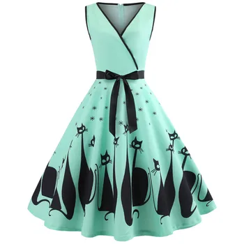

For 1960s Party Dress Sexy V Neck Sleeveless Belts Women Retro Dress Cat Print Rockabilly Swing Vestidos #YL5