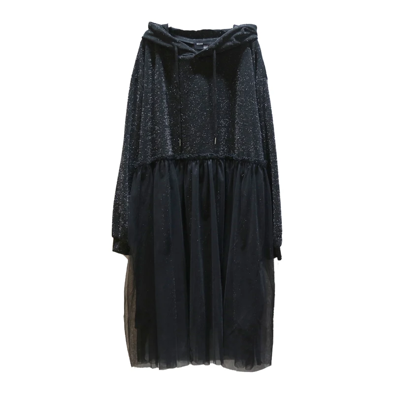 Блестящее женское черное платье-толстовка с сеткой, новинка, с капюшоном, с длинным рукавом, свободное, Vestidos, модное, зима, весна, Vestidos SA645S30