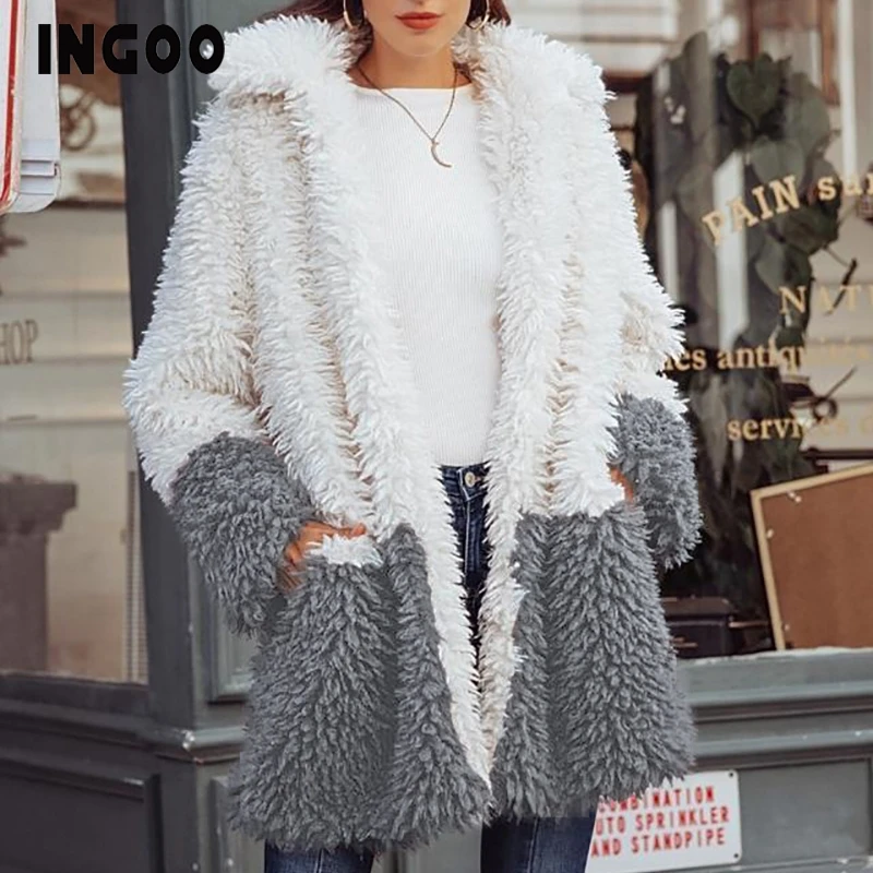 INGOO/зимнее теплое пальто из искусственного меха искусственной шерсти в стиле
