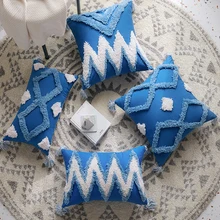 Free Shipping Morocco Boho Blue Tufted Cotton Long Pillow Case 30*50/45*45cm Nordic Style Cushion Cover Home Decor No Core XA
