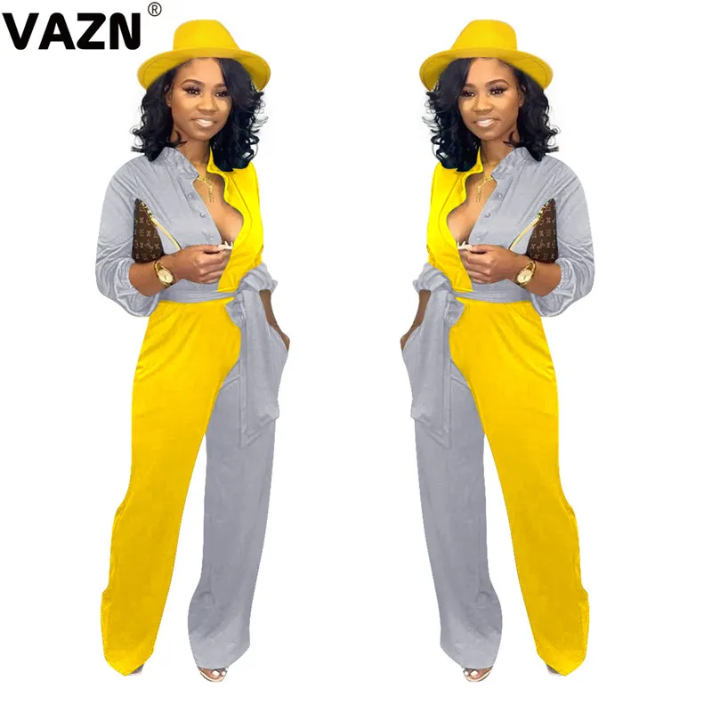 VAZN YD8143 осень лоскутный Upmarket свежий прозрачный офисный неопрятный на шнуровке полный рукав женский жоржет широкие брюки комбинезоны