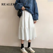 REALEFT новые белые весенние женские длинные плиссированные юбки в Корейском стиле с высокой талией свободные тюлевые трапециевидные женские юбки в стиле Харадзюку