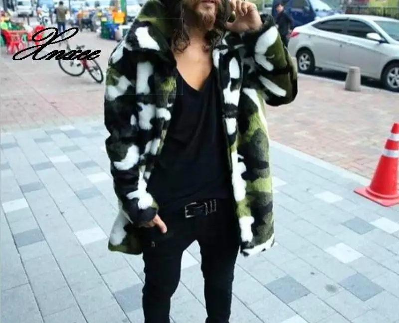

2019 New fashion Men's Faux fur coat Camouflage warm rabbit warm jacket mens winter leather jackets Lapel outdoors windbreaker