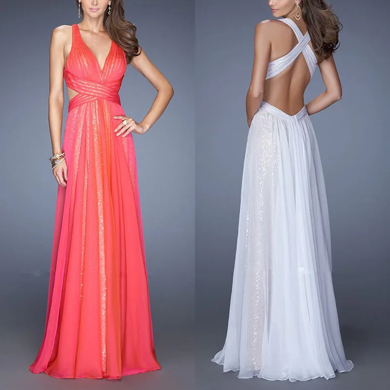 

Arrival 2018 Floor Length V-Neck Pleated Prom Party Gown Criss-Cross Long Chiffon Backless robe de mariee bridesmaid dresses