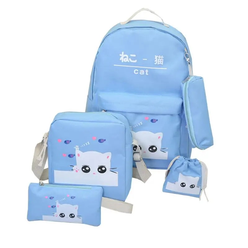 5pcs Adorable Cute Cat Print Canvas Women Girl Backpack Laptop Daypack Student School Shoulder Bag Bookbag Pencil Case Purse Set