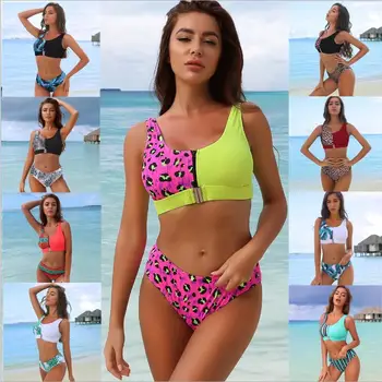 

Bikinis Set 2020 Summer High Waist Bikini Women 's Leopard Print Swimsuit Zipper Style Bathing Suit Sexy & Club Wire Free