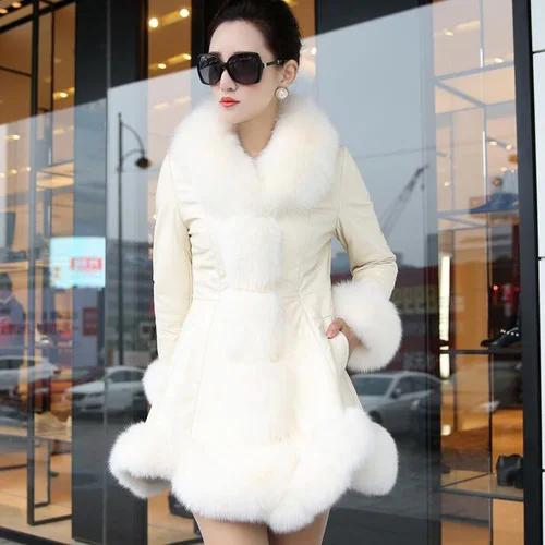 Зимнее искусственное меховое Женское пальто высокого качества из искусственной овчины, пальто, сохраняющие тепло с меховыми воротники из лисицы, тонкий женский мех, большие размеры 5xl 6xl - Цвет: Creamy-white