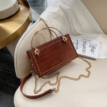 

2020 Vintage Leather Crossbody Bags For Women Travel Handbag Chain Fashion Rivet Small Stone Pattern Shoulder Messenger Bags
