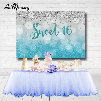 

InMemory Sweet 16 Birthday Party Backdrops Bokeh Teal Glitter Sliver Shiny Diamond Party Photography Backgrounds Photo Studio